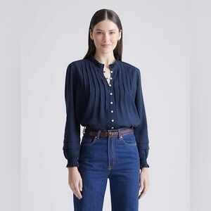 Quince Women's Textured Cotton Peasant Blouse Top‎ Shirt L/S Navy Blue jj 💫